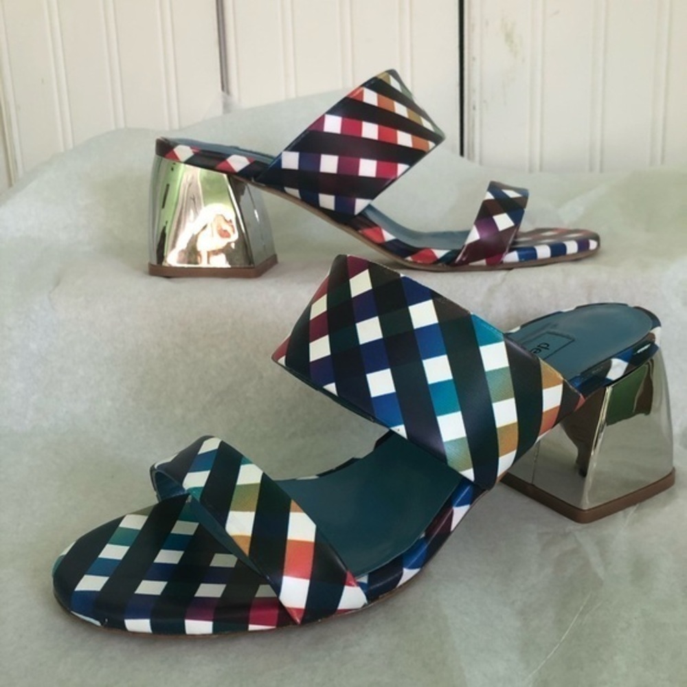 NWT Dee Keller JENKINS Chunky Heels in Rainbow Gingham Leather *Italy*